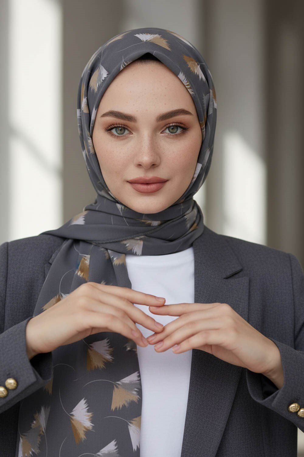 KREP YAPRAK DESENLİ GRİ RENKLİ 75X195 KIRIŞMAZ ŞAL