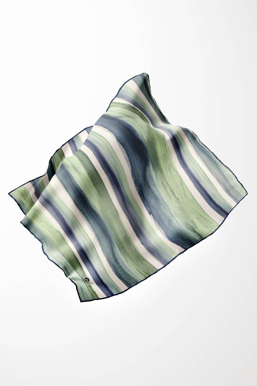 Twill Suluboya Çizgi Desenli Lacivert - Su Yeşili Renkli 90x90 Eşarp (İpek İçermez) Kenar Dikiş Şekli El Dikişli