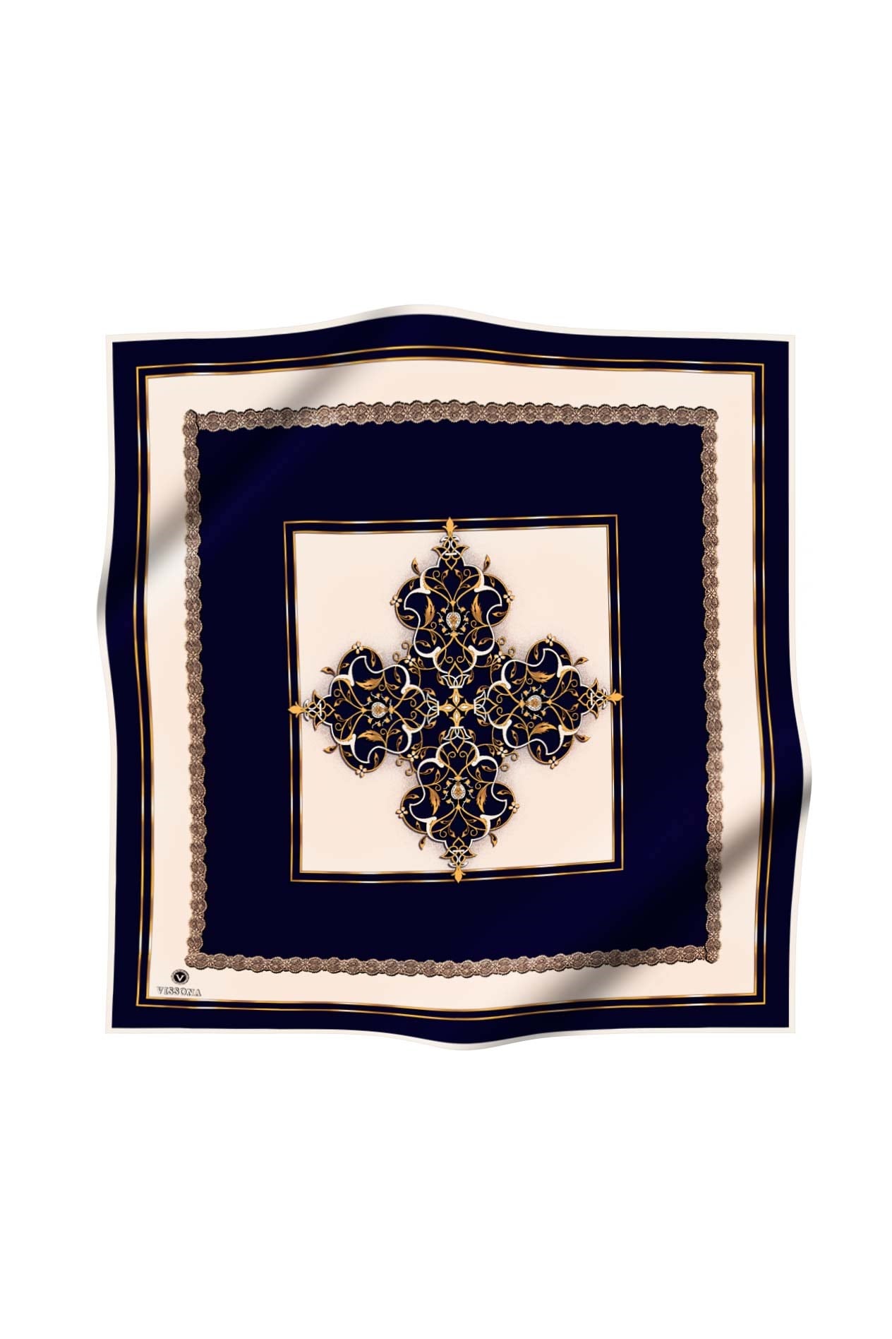 % 57 İPEK % 43 VİSKON Twill İpek Barok Desenli Lacivert - Krem Renkli 90x90 Eşarp Dikim Şekli : El Dikişi
