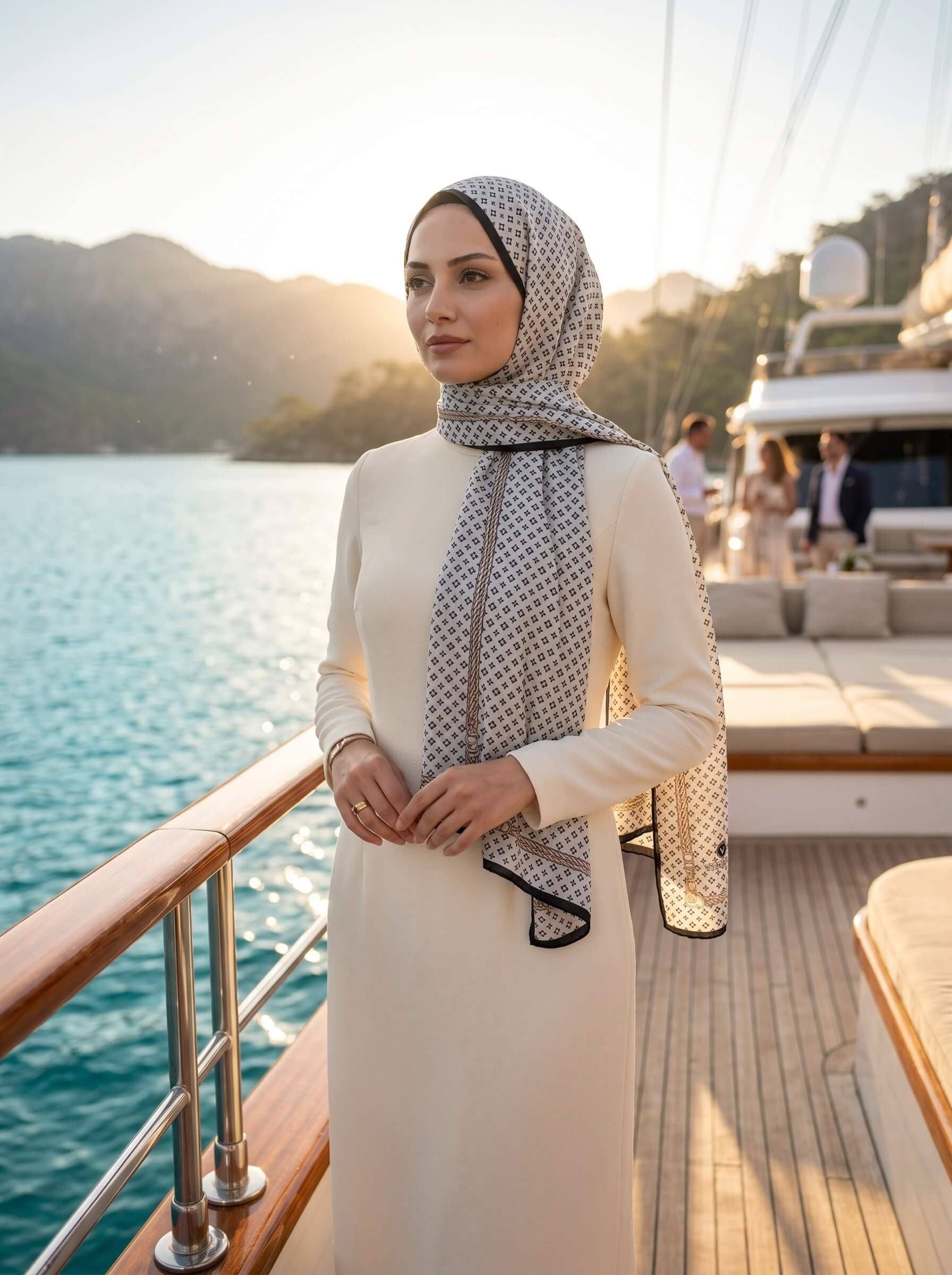 %100 Saf İpek Şal İnce Saten Vual Dokuma Zincir Desenli Krem - Siyah Renkli 90x210 Şal