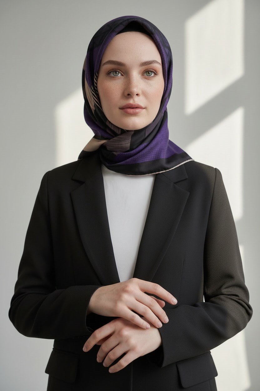 %100 Twill İpek Geometrik Desenli Mor - Siyah Renkli 90x90 Eşarp Dikim Şekli : El Dikişi
