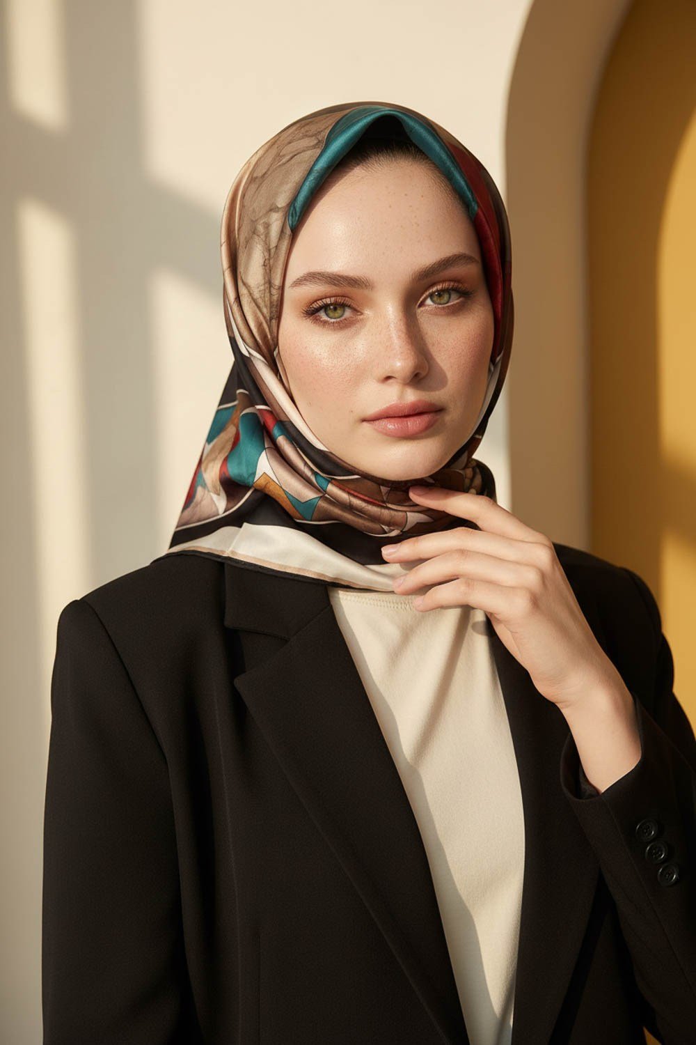 Rayon Geometrik Mermer Desenli Petrol Yeşili Renkli 90x90 Eşarp (İpek İçermez) Kenar Dikiş Şekli El Dikişli