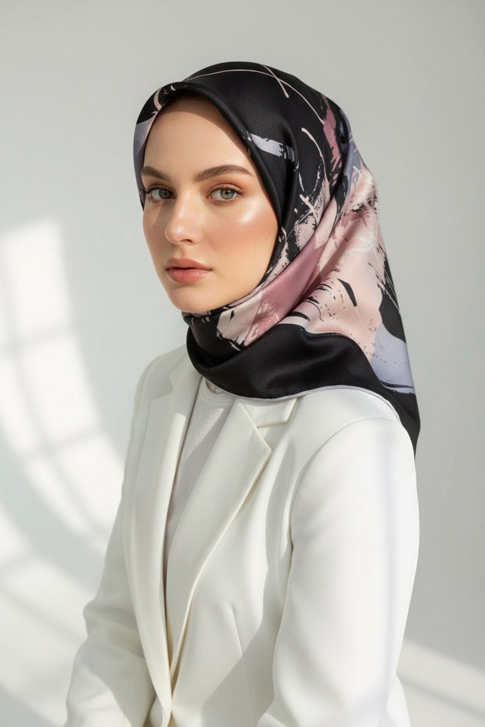 % 57 İPEK % 43 VİSKON Twill İpek Geometrik Desenli Siyah - Pudra Renkli 90x90 Eşarp Dikim Şekli : El Dikişi