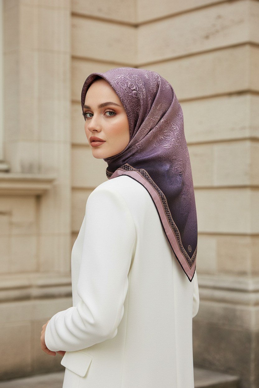 %100 Twill İpek Eşarp 90x90 Pudra Barok Desenli El Dikişli Kadın Eşarp
