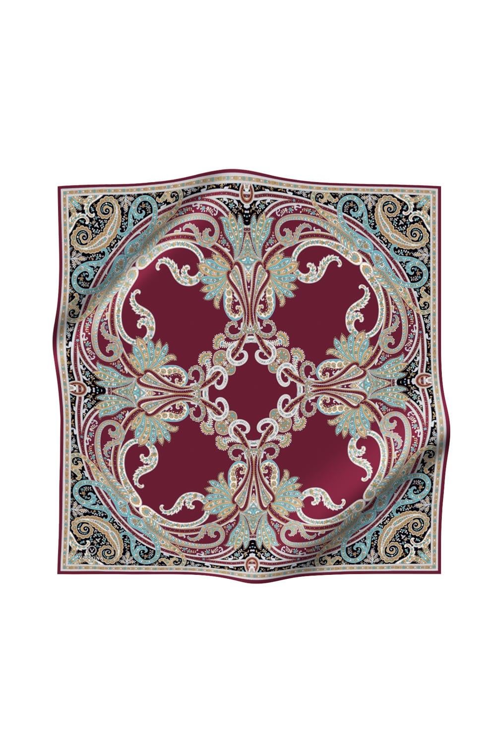 %100 Twill İpek Şal Desenli Bordo Renkli 90x90 Eşarp Dikim Şekli : El Dikişi