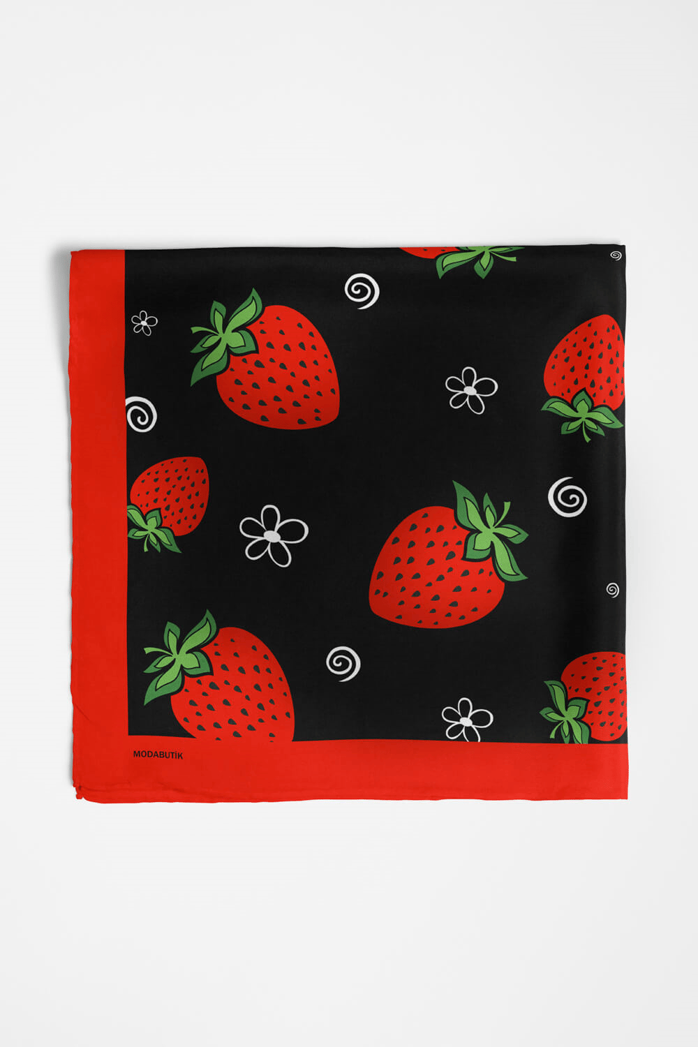Kadın Çilek Desenli Bandana 50x50 Kırmızı Siyah DG0264-22