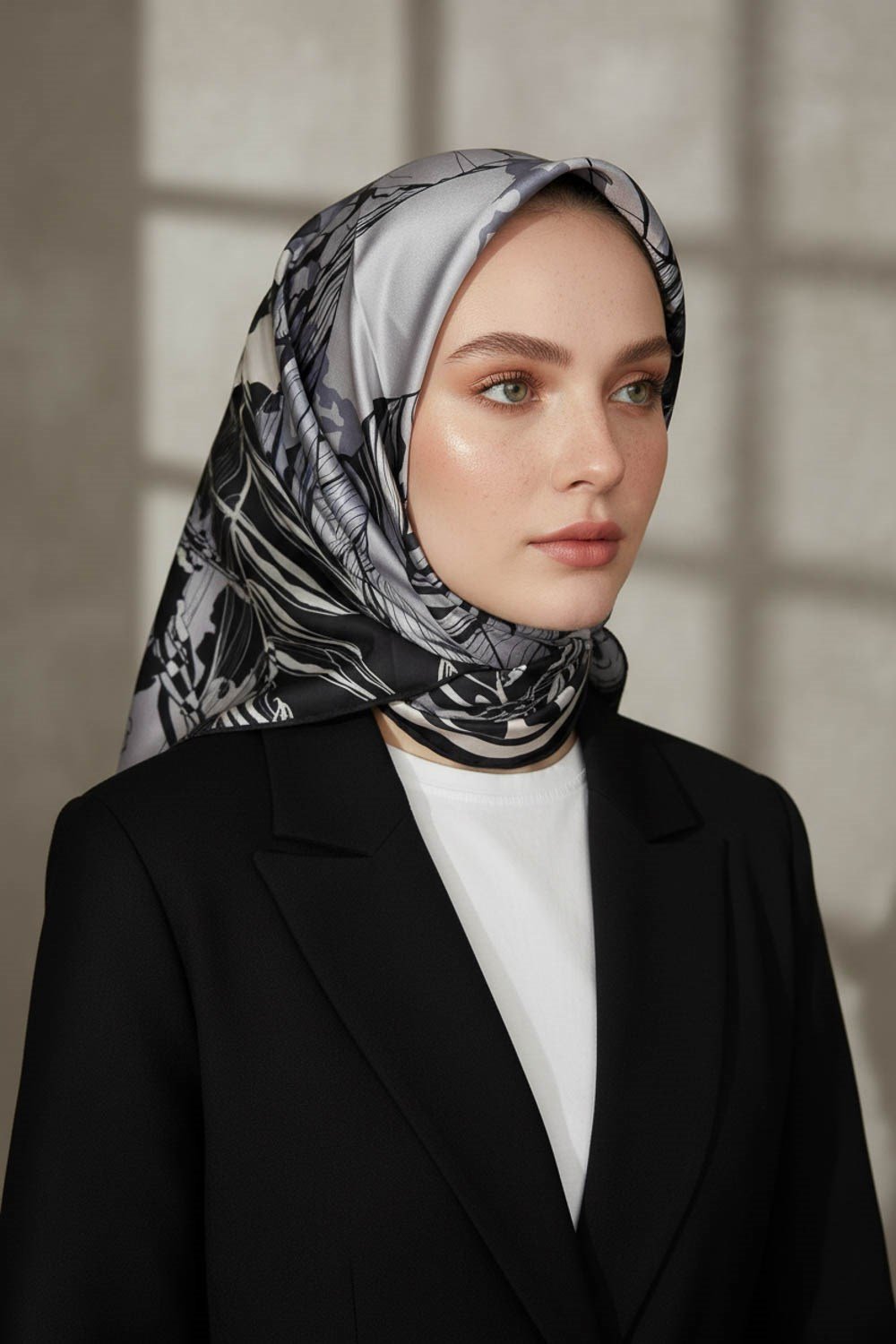 %100 Twill İpek Yaprak Desenli Gri - Siyah Renkli 90x90 Eşarp Dikim Şekli : El Dikişi