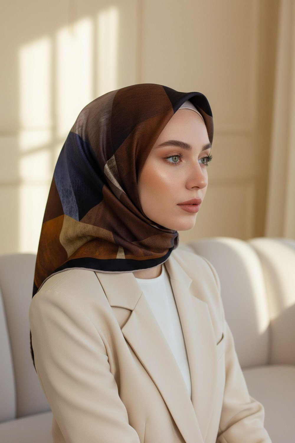 %100 Twill İpek Geometrik Desenli Kiremit - İndigo Renkli 90x90 Eşarp Dikim Şekli : El Dikişi