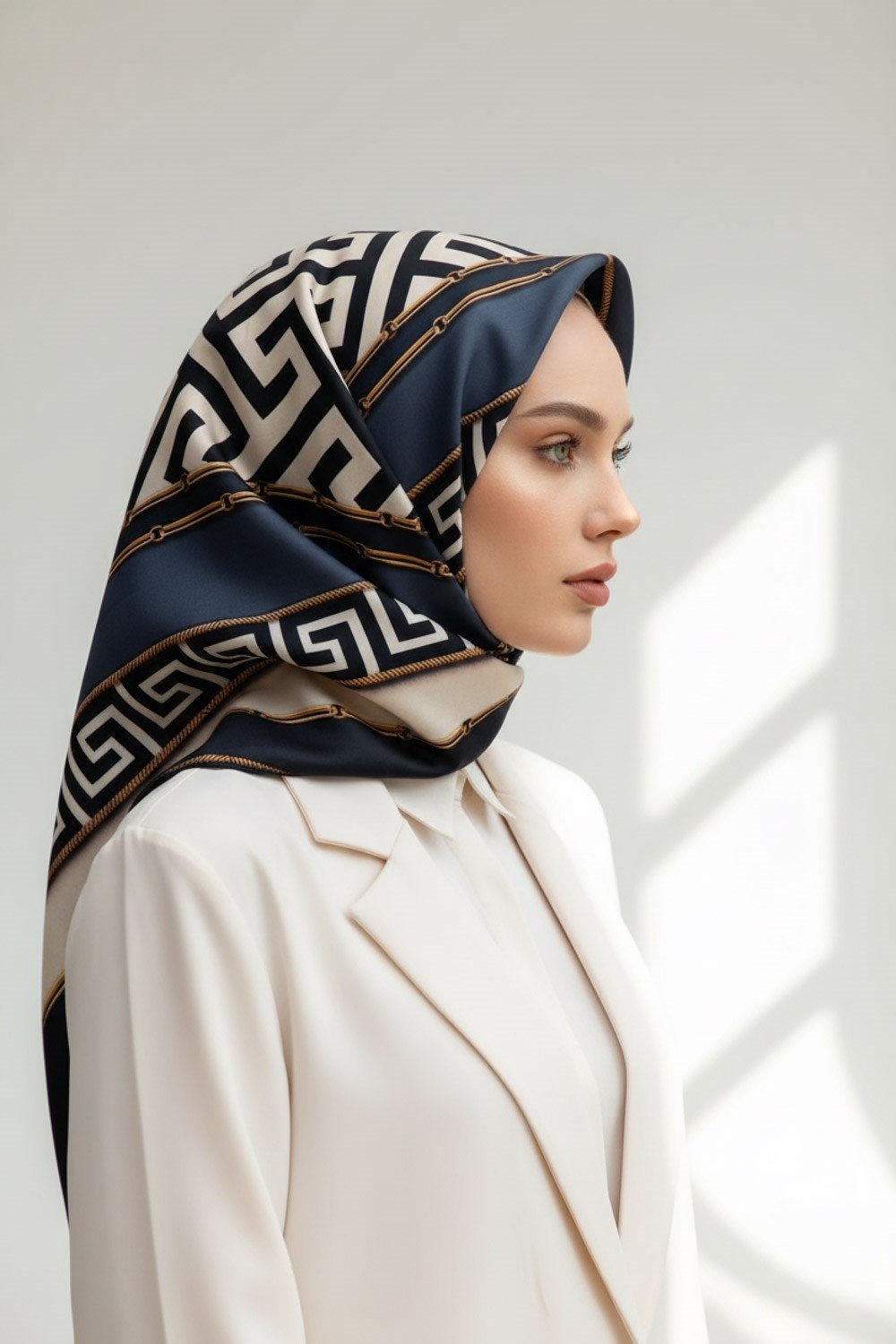% 57 İPEK % 43 VİSKON Twill İpek Labirent Ve Geometrik Desenli Lacivert - İndigo Renkli 90x90 Eşarp Dikim Şekli : El Dikişi