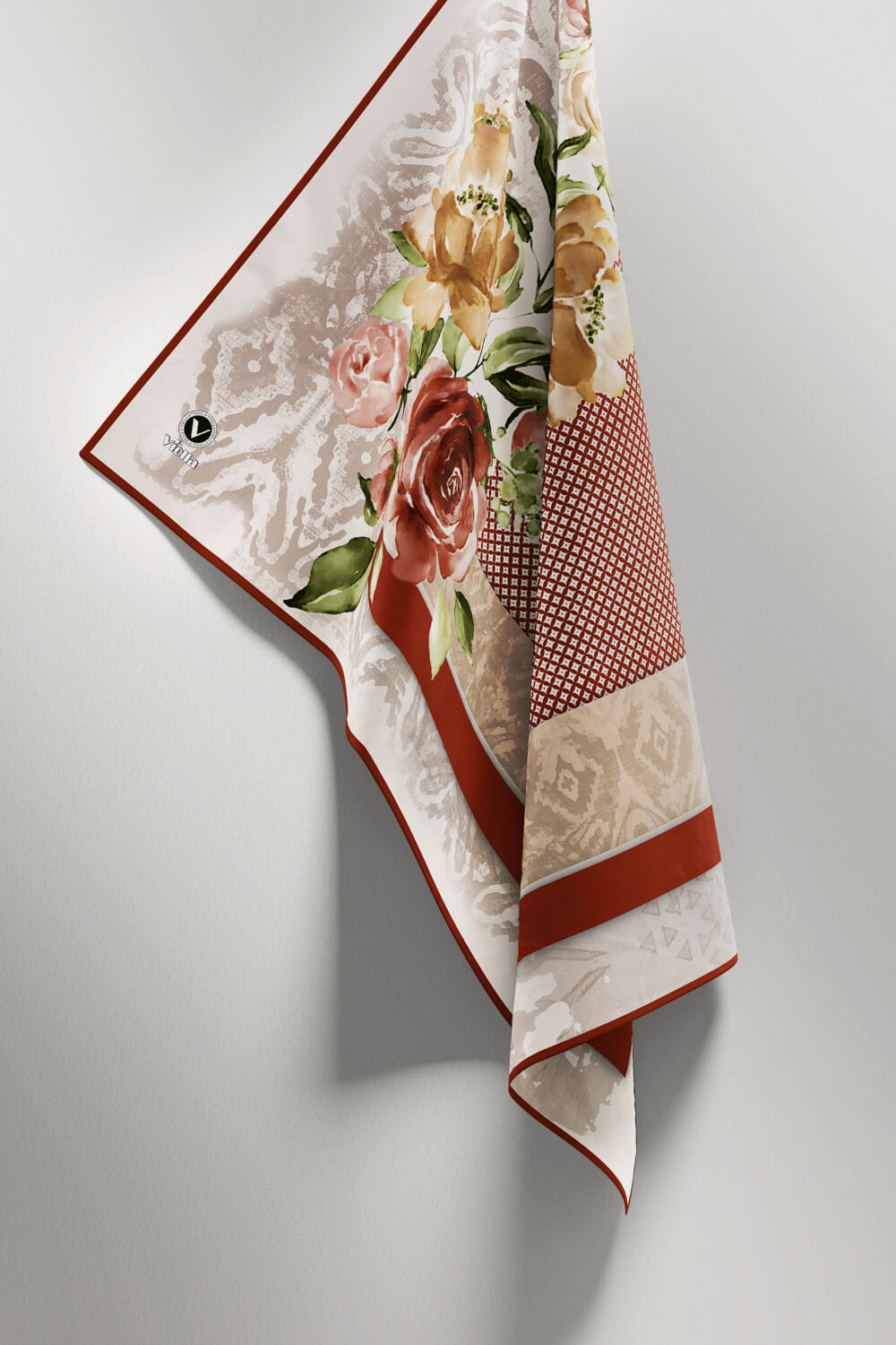 Twill Çiçek Desenli Taba Renkli 90x90 Eşarp (İpek İçermez) Kenar Dikiş Şekli El Dikişli