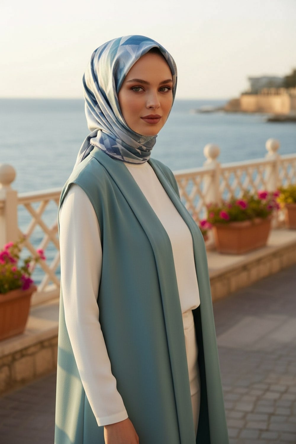 %100 Twill İpek Çiçek Desenli Bebe Mavisi - Petrol Yeşili Renkli 90x90 Eşarp Dikim Şekli : El Dikişi
