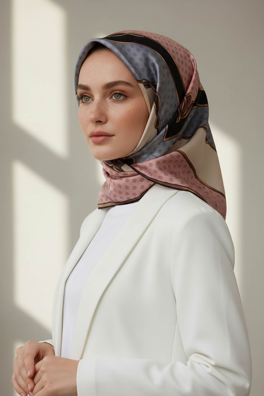 %100 Twill İpek Puantiyeli ve Geometrik Desenli Pudra - Gri Renkli 90x90 Eşarp Dikim Şekli : El Dikişi
