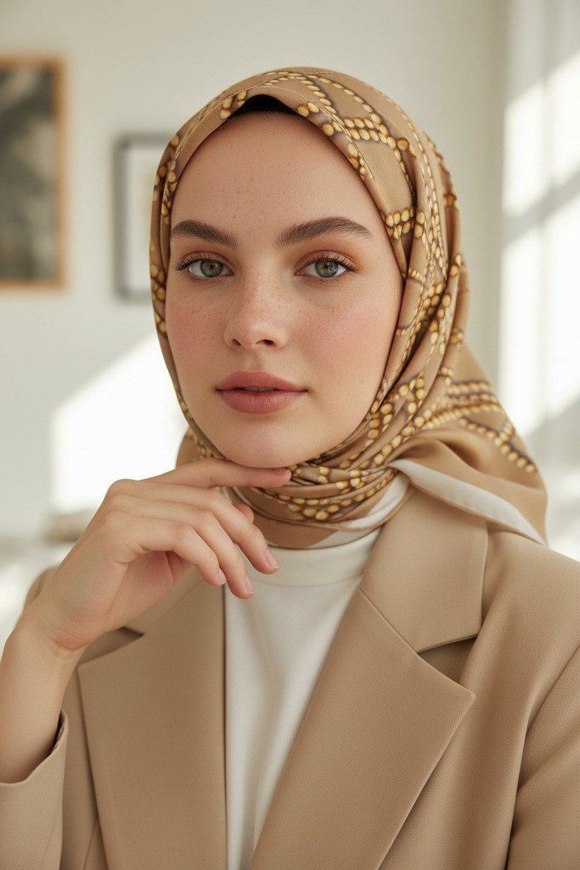 %100 Twill İpek İnci Desenli Bej Renkli 90x90 Eşarp Kenar Dikiş Şekli : El Dikişli