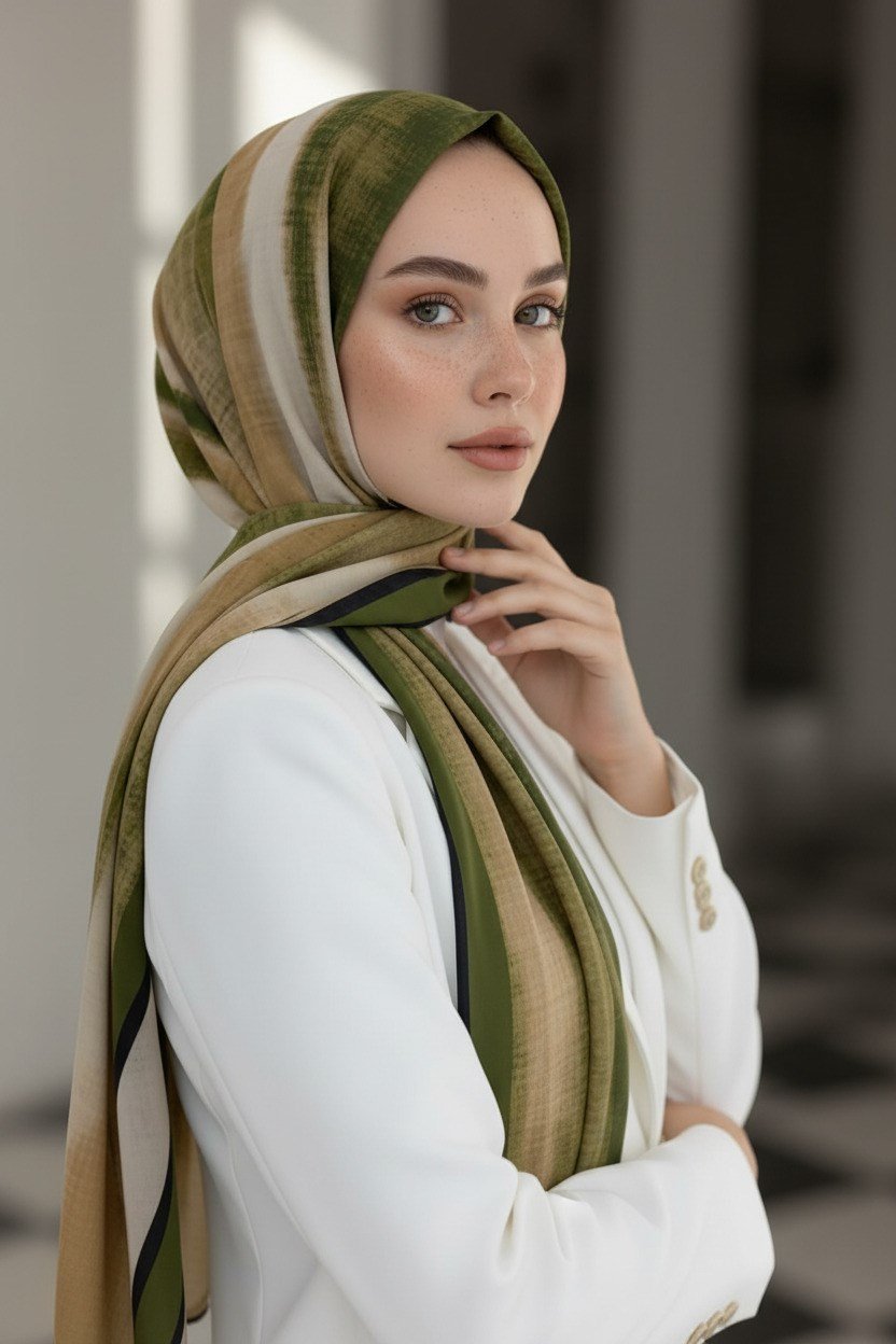 KREP BATİK DESENLİ HAKİ RENKLİ 75X195 KIRIŞMAZ ŞAL