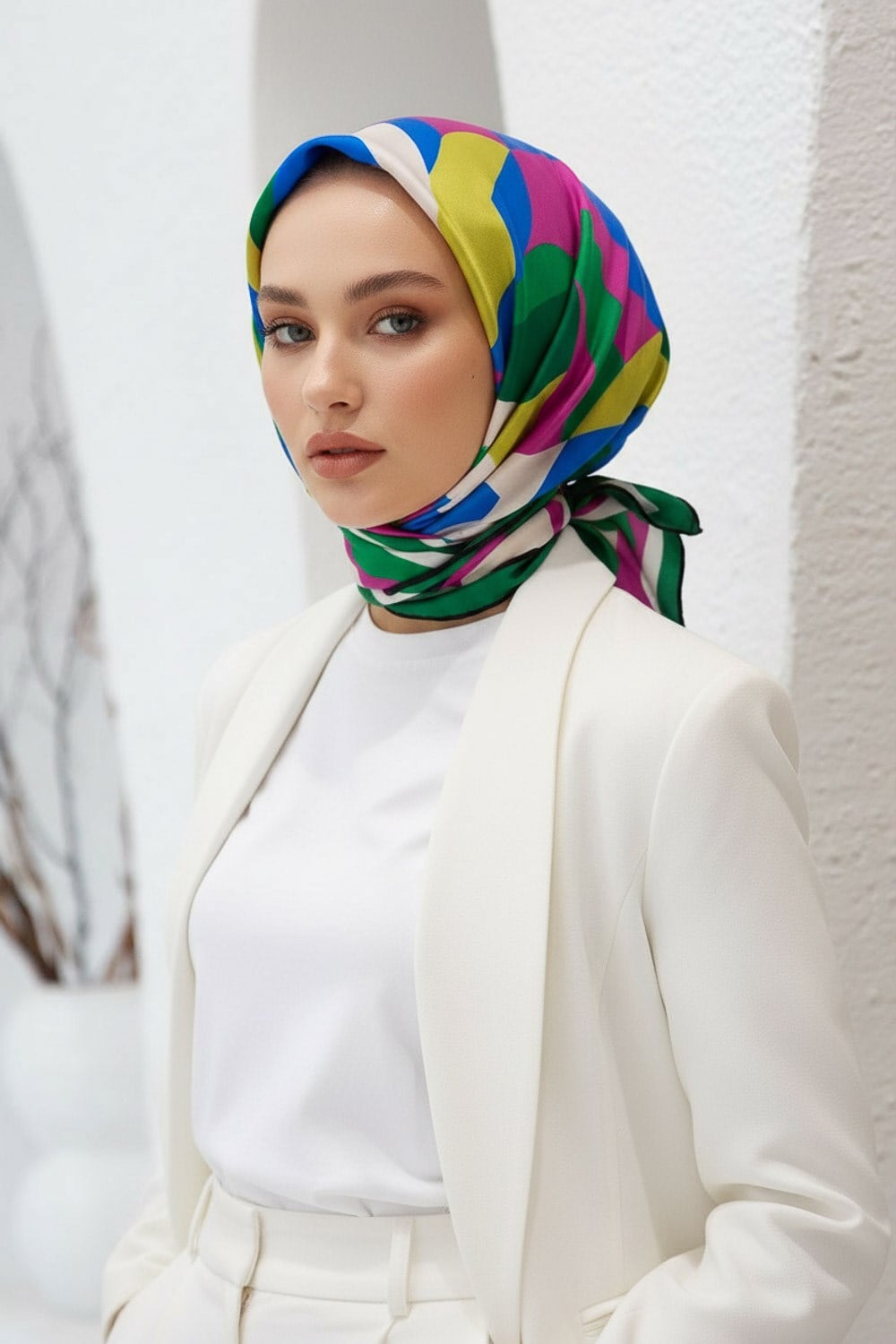 %100 Twill İpek Geometrik Desenli Fuşya - Zümrüt Yeşili Renkli 90x90 Eşarp Dikim Şekli : El Dikişi