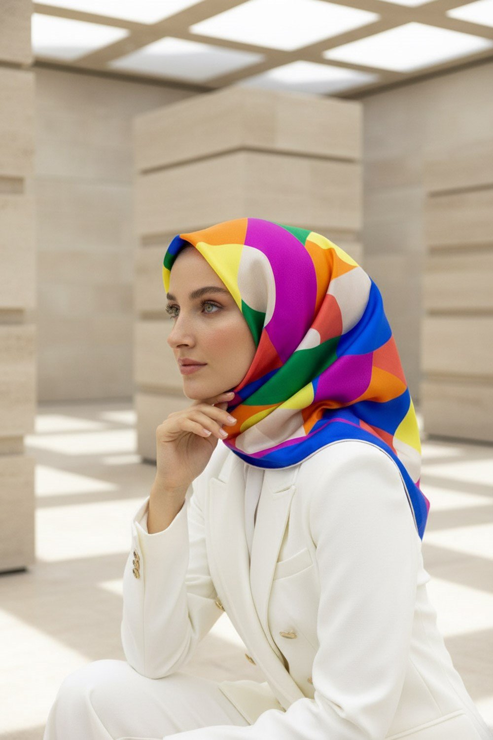 %100 Twill Renk Bloklu Çizgili Desenli Saks - Turuncu Renkli 90x90 Eşarp Dikim Şekli: El Dikişii