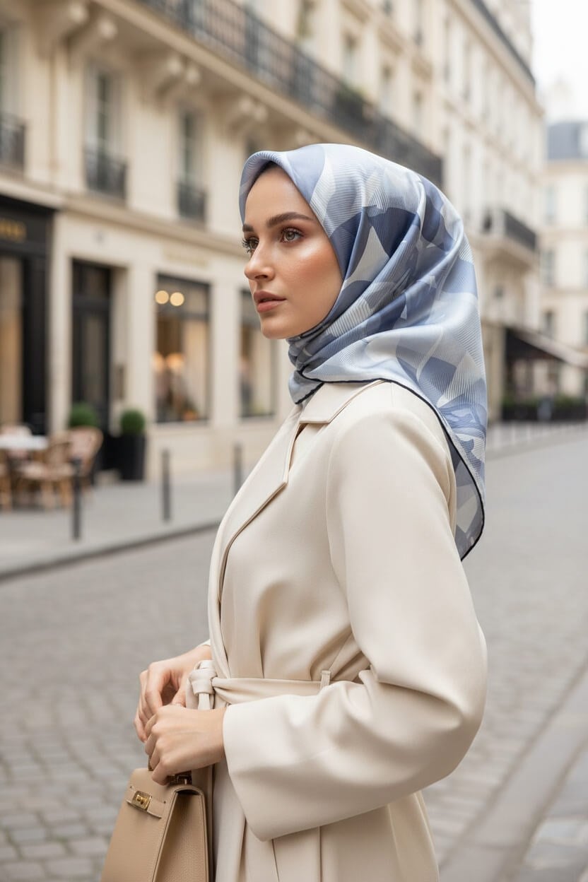 %100 Twill İpek Çiçek Desenli Bebe Mavisi - İndigo Renkli 90x90 Eşarp Dikim Şekli : El Dikişi