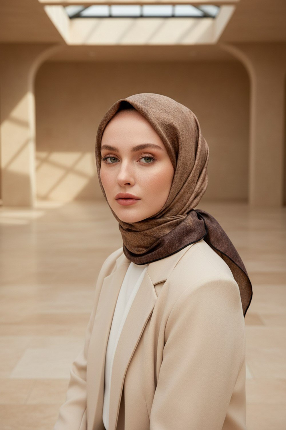 %100 Twill İpek Doku Desenli Vizon Renkli 90x90 Eşarp Dikim Şekli : El Dikişi