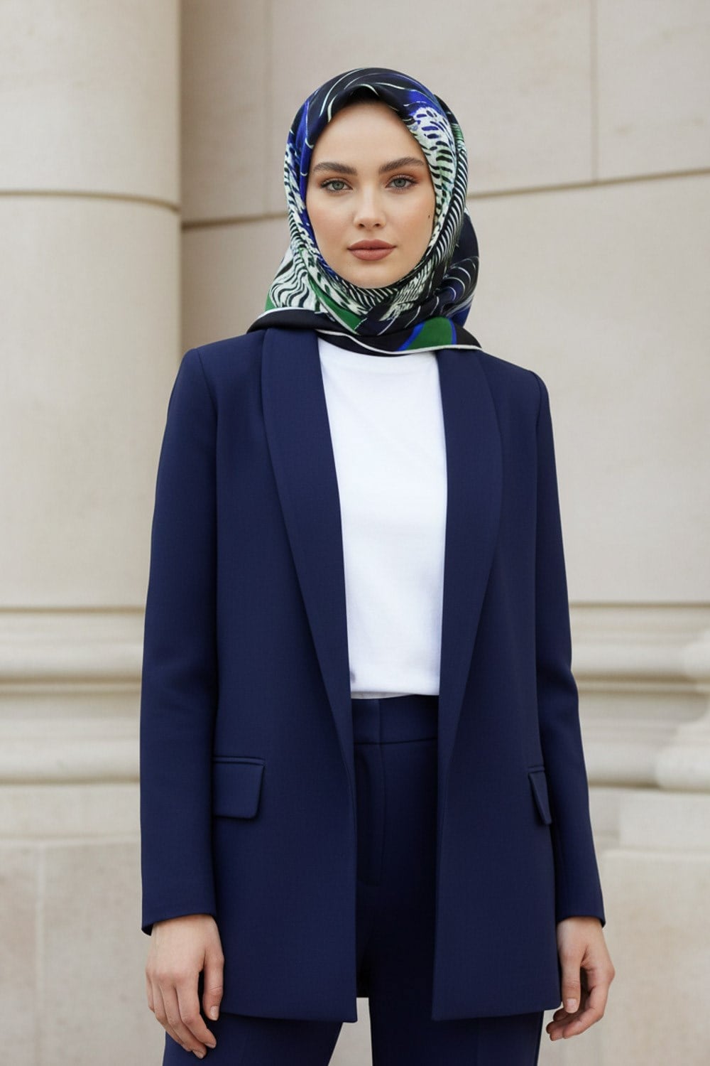 %100 Twill İpek Geometrik Desenli Zümrüt Yeşili - Saks Renkli 90x90 Eşarp Dikim Şekli : El Dikişi