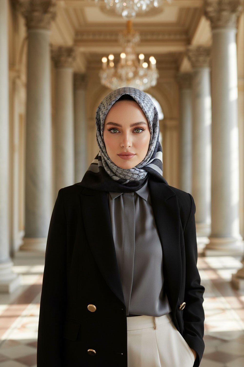 % 57 İPEK % 43 VİSKON Twill İpek Degrade Desenli Siyah - Krem Renkli 90x90 Eşarp Dikim Şekli : El Dikişi