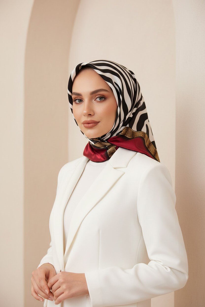 % 57 İPEK % 43 VİSKON Twill İpek Zebra Desenli Bordo - Gold Renkli 90x90 Eşarp Dikim Şekli : El Dikişi