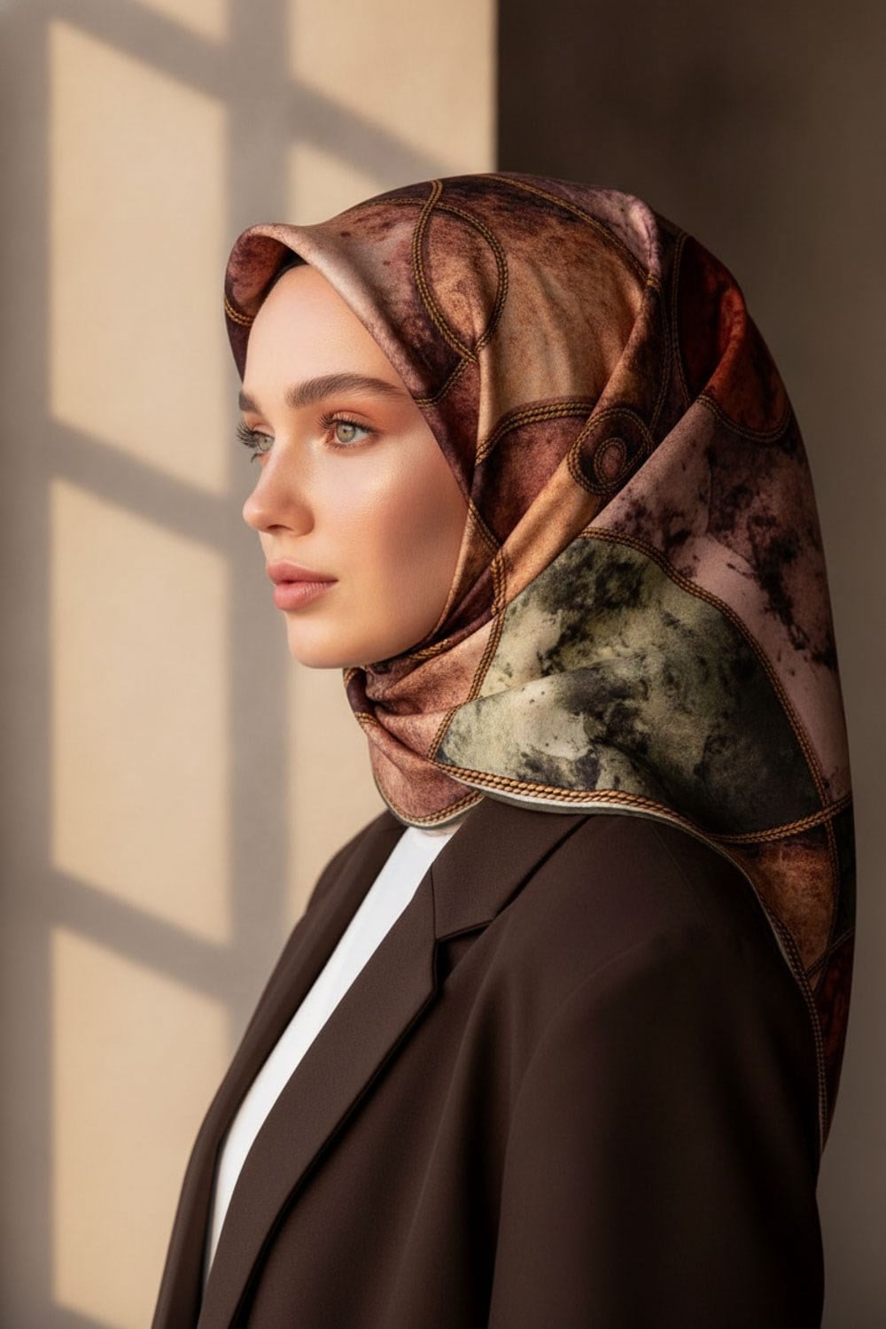 %100 Twill İpek Zincirli Mermer Desenli Haki - Bakır Renkli 90x90 Eşarp Dikim Şekli : El Dikişi