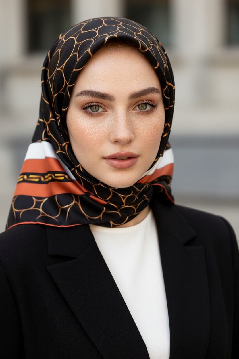 %100 Twill İpek Zincir Desenli Siyah - Taba Renkli 90x90 Eşarp Kenar Dikiş Şekli El Dikişli