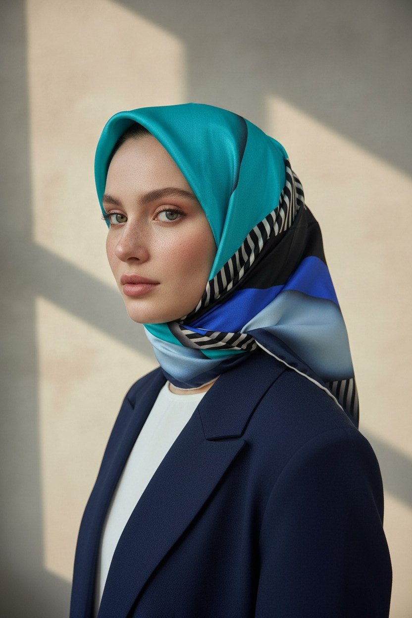 %100 Twill Renk Bloklu Çizgili Desenli Bebe Mavisi - Saks Renkli 90x90 Eşarp Dikim Şekli: El Dikişii
