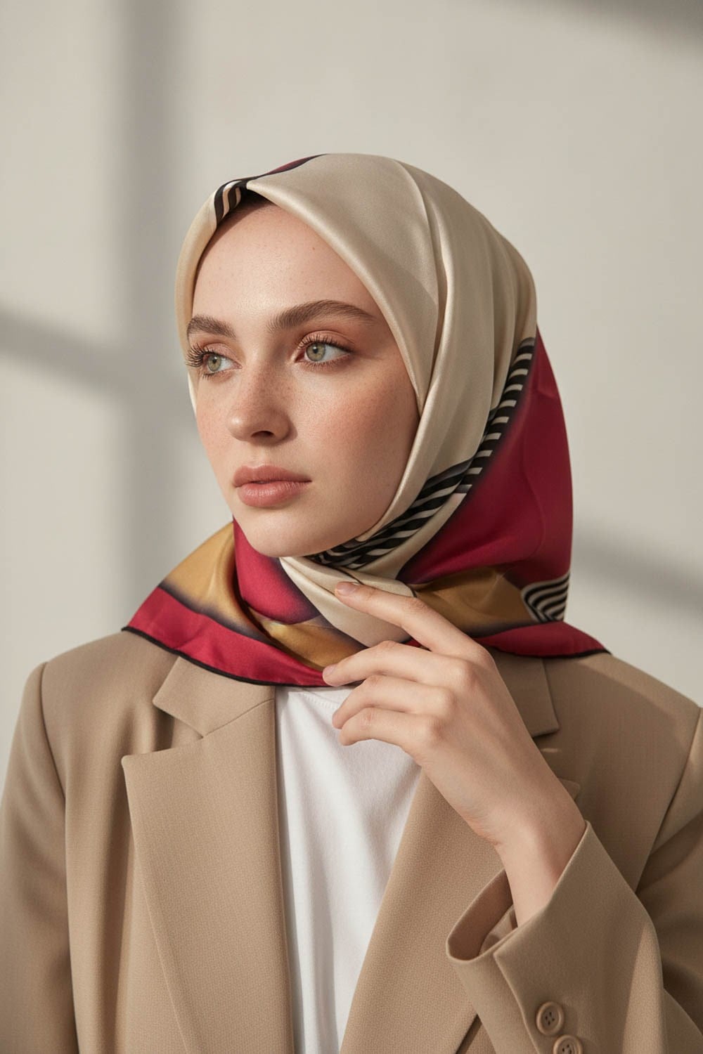 %100 Twill İpek Çizgili ve Geometrik Desenli Bordo - Vizon Renkli 90x90 Eşarp Dikim Şekli : El Dikişi