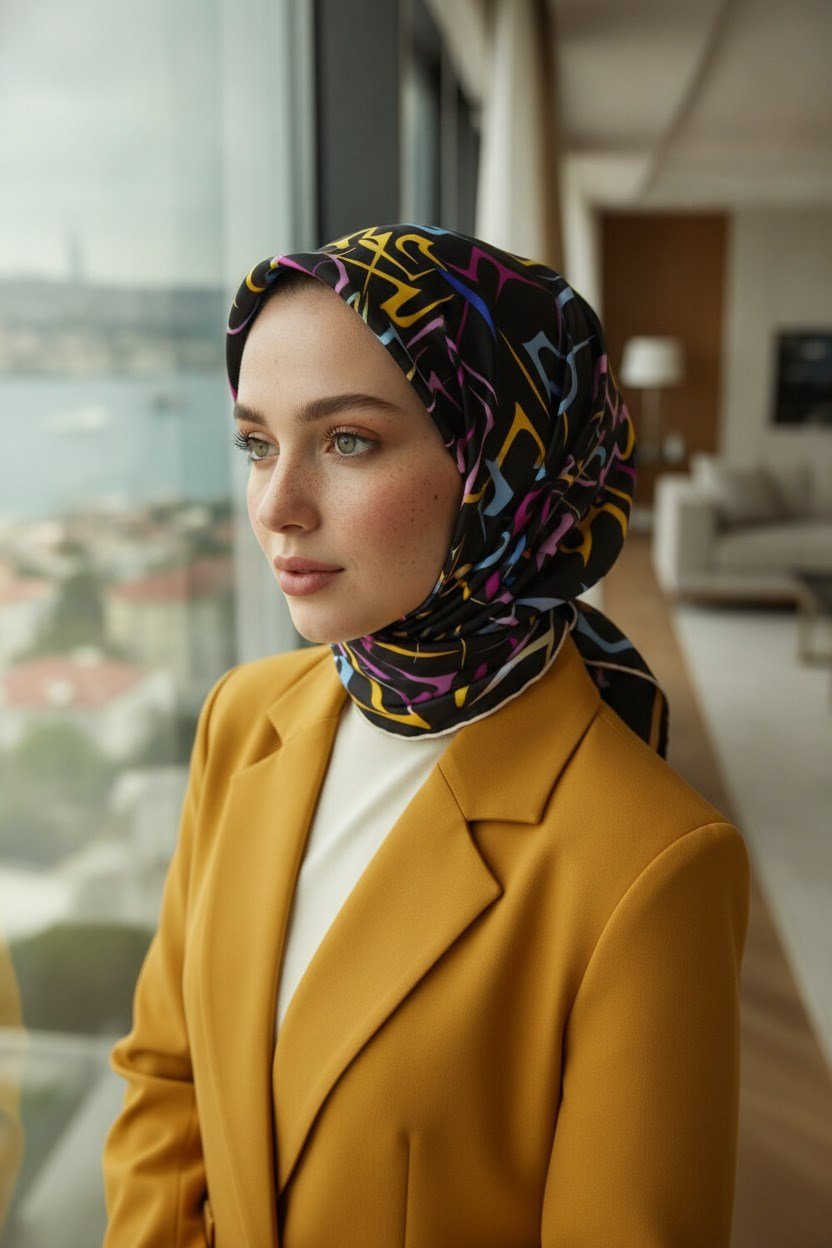 % 57 İPEK % 43 VİSKON Twill İpek Soyut Geometrik Desenli Sarı - Pembe Renkli 90x90 Eşarp Dikim Şekli : El Dikişi