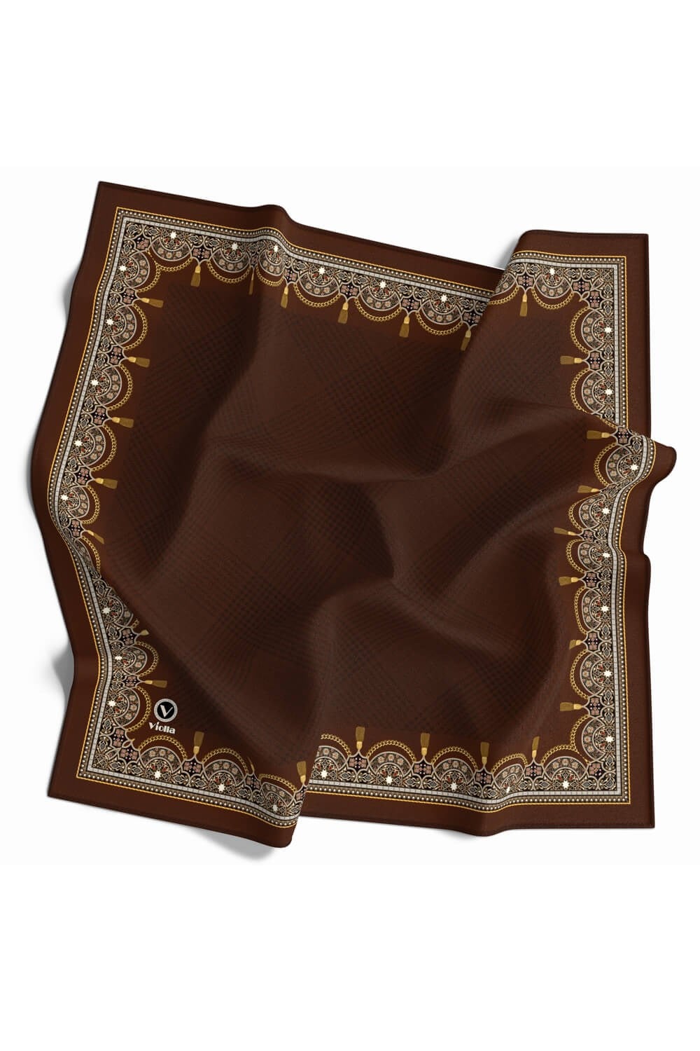 Twill Yumuşak Dokulu Kenar Motifi Şal Desenli Taba Renkli 90x90 Eşarp (İpek İçermez) Dikim Şekli : El Dikişi