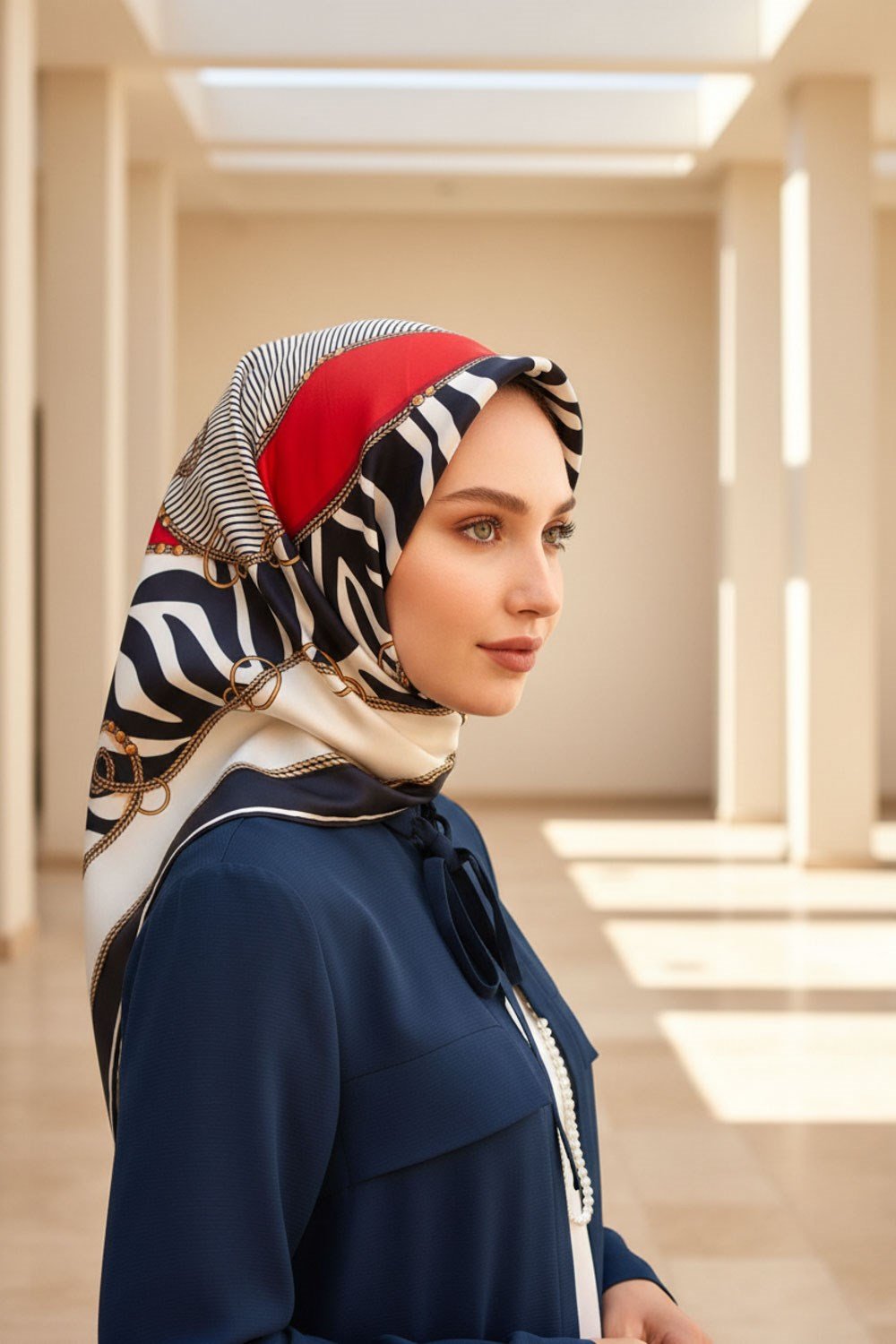 %100 Twill İpek Zincirli Ve Zebra Desenli Lacivert - Kırmızı Renkli 90x90 Eşarp Dikim Şekli : El Dikişi