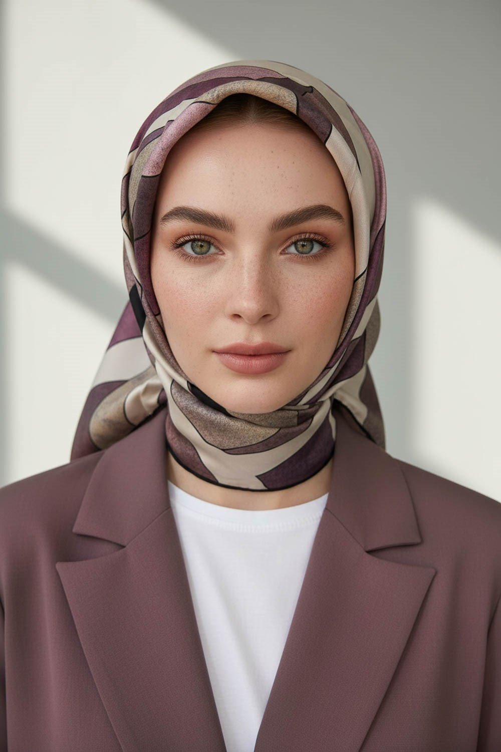 %100 Twill İpek Geometrik Desenli Pudra - Somon Renkli 90x90 Eşarp Dikim Şekli : El Dikişi