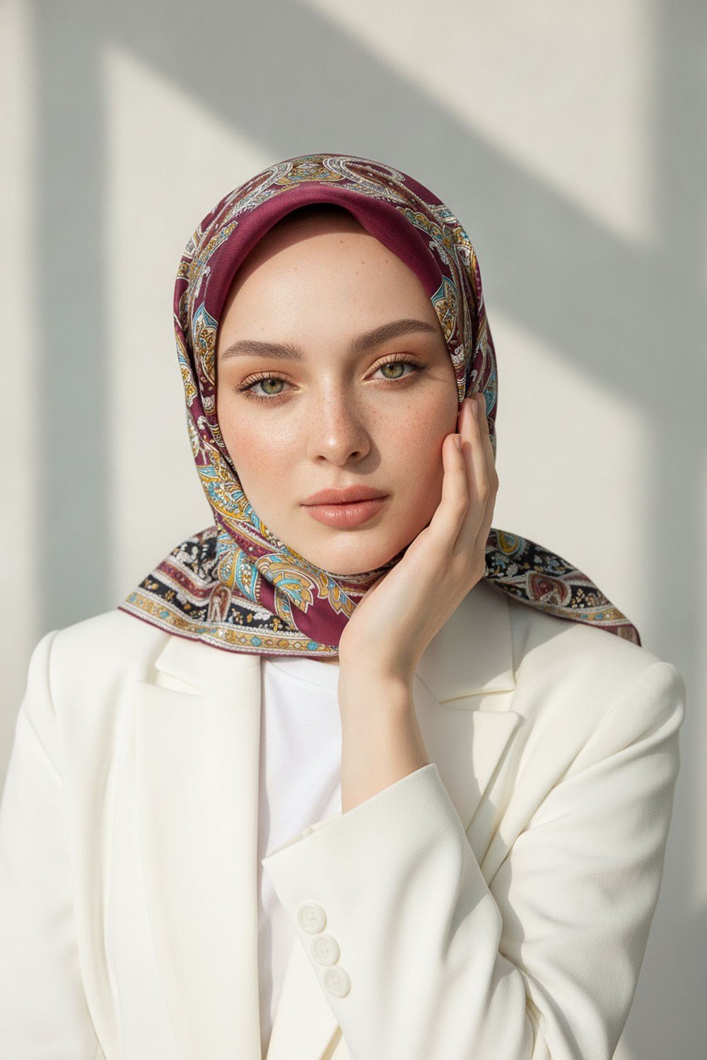 %100 Twill İpek Şal Desenli Bordo Renkli 90x90 Eşarp Dikim Şekli : El Dikişi