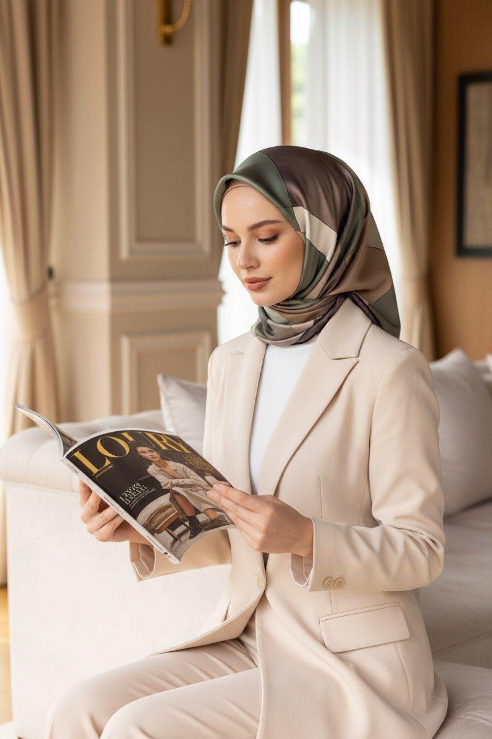 %100 Twill İpek Geometrik Desenli Haki - Bakır Renkli 90x90 Eşarp Dikim Şekli : El Dikişi