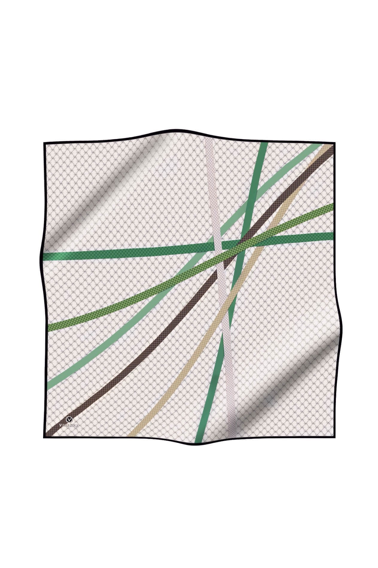 %100 Twill İpek Monogram Ve Şerit Desenli Kahverengi - Zümrüt Yeşili Renkli 90x90 Eşarp Dikim Şekli : El Dikişi