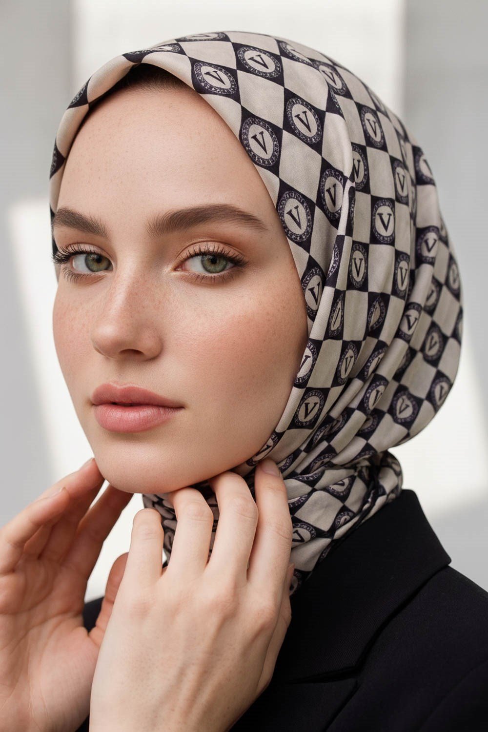 % 57 İPEK % 43 VİSKON Twill İpek Monogram Desenli Siyah - Krem Renkli 90x90 Eşarp Dikim Şekli : El Dikişi