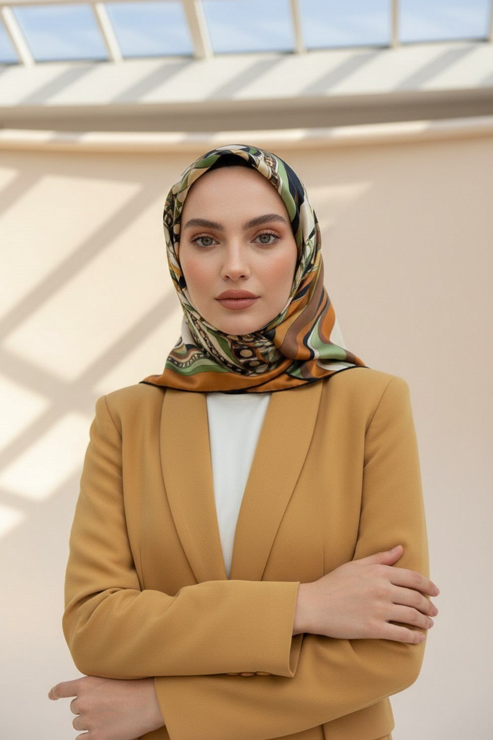 100% Twill Etnik Yaprak Desenli Haki Renkli 90x90 Dikim Şekli : El Dikişi Eşarp