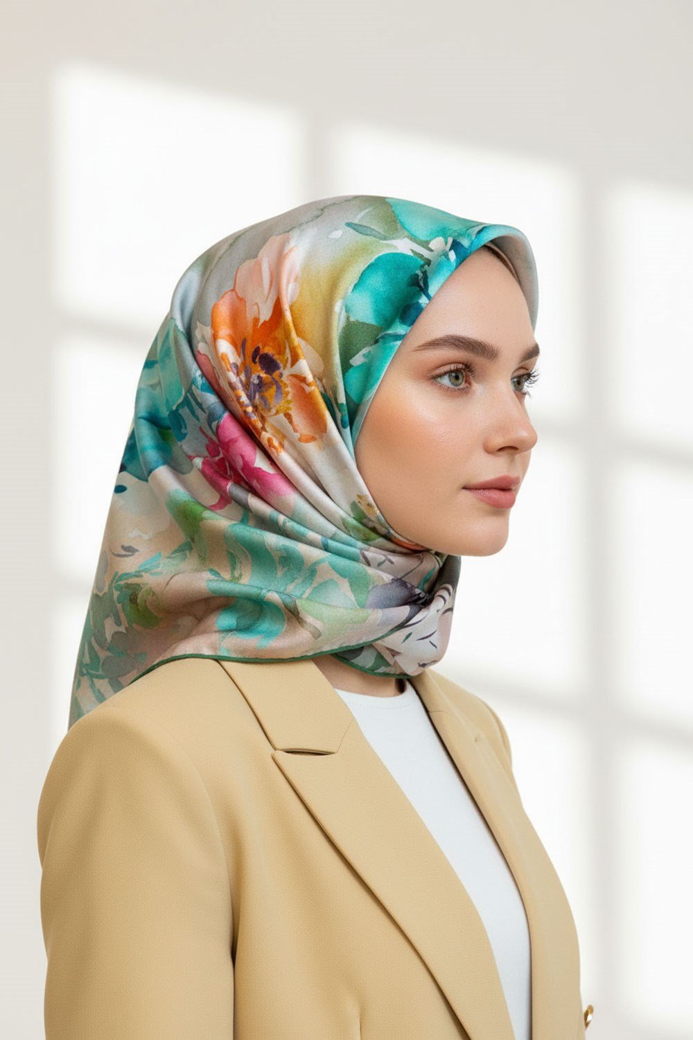 %100 Twill İpek Çiçek  Desenli Zümrüt Yeşili Renkli 90x90 Eşarp Dikim Şekli : El Dikişi