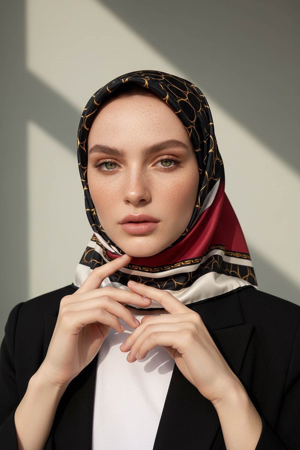 % 57 İPEK % 43 VİSKON Twill İpek Gold Halka Desenli Bordo - Siyah Renkli 90x90 Eşarp Dikim Şekli : El Dikişi