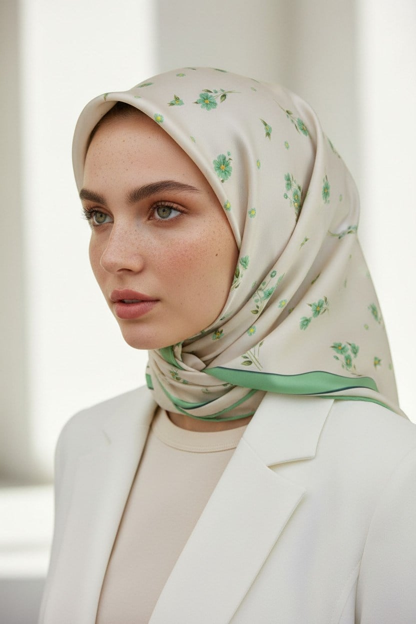 100% Twill İpek Bordürlü Çıtır Çiçek Desenli Benetton Yeşili Renkli 90x90 Dikim Şekli : El Dikişi Eşarp