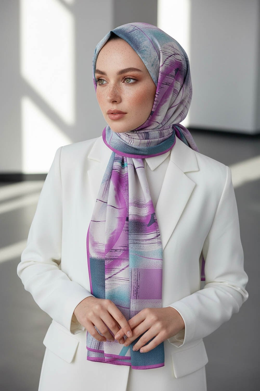 KREP GEOMETRİK DESENLİ PEMBE RENKLİ 75X195 KIRIŞMAZ ŞAL