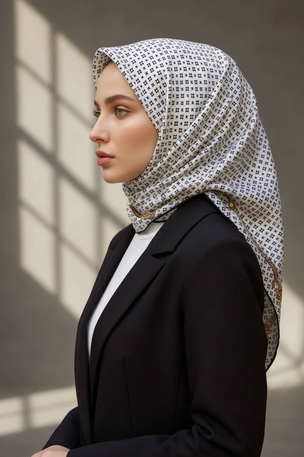 %100 Twill İpek Zincir Desenli Krem - Siyah Renkli 90x90 Eşarp Dikim Şekli : El Dikişi