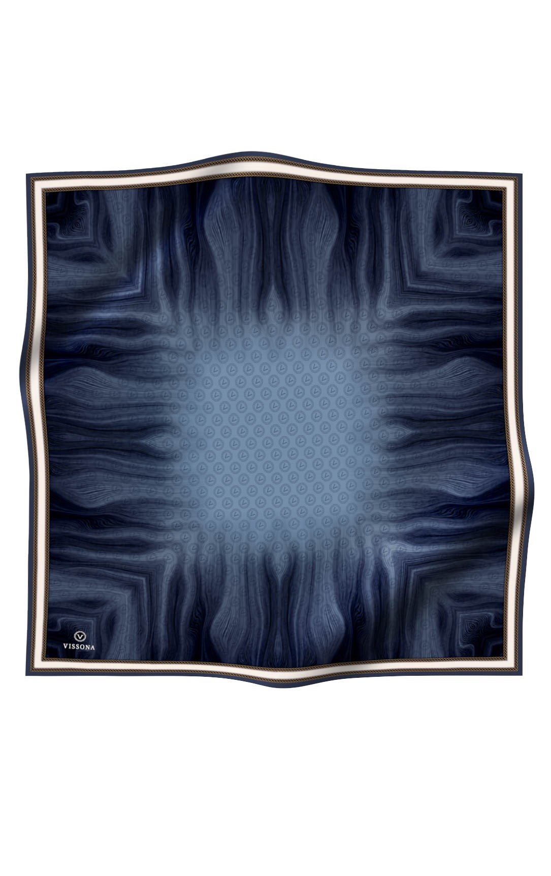 % 57 İPEK % 43 VİSKON Twill İpek Monogram Desenli İndigo Renkli 90x90 Dikim Şekli : El Dikişi Eşarp