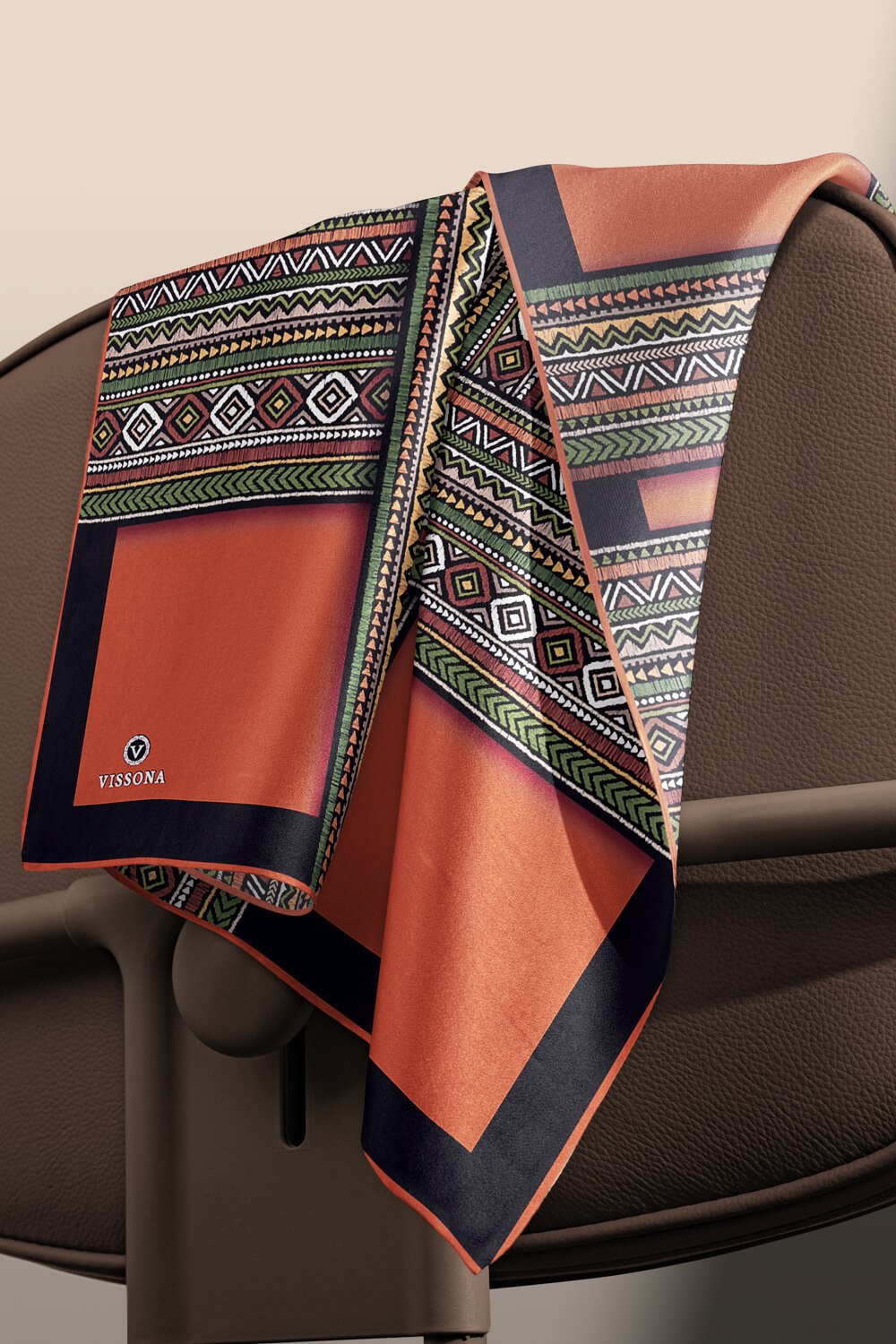 % 57 İPEK % 43 VİSKON Twill İpek Etnik Desenli Taba - Haki Renkli 90x90 Eşarp Dikim Şekli : El Dikişi