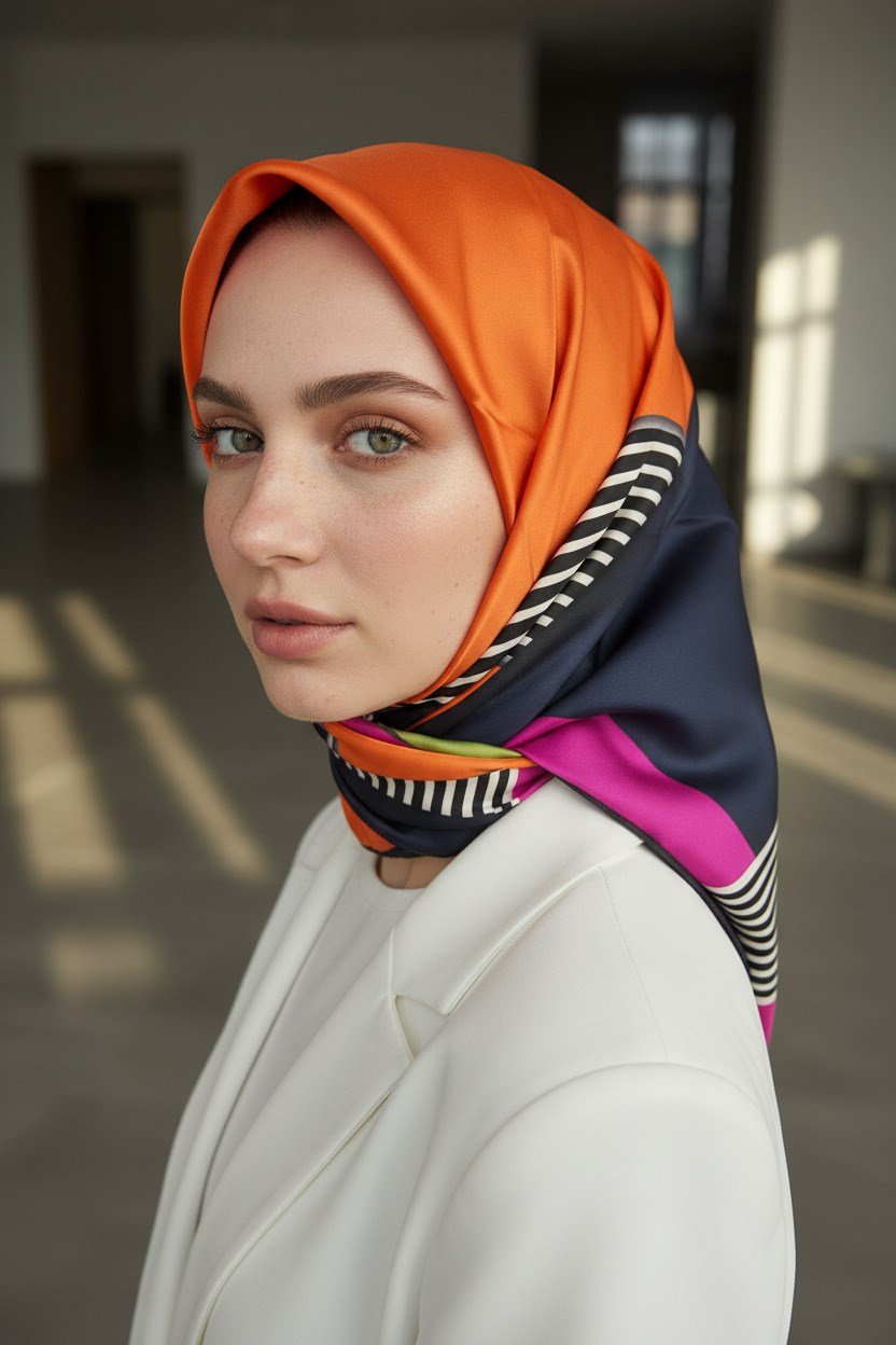 %100 Twill İpek Çizgili ve Geometrik Desenli Turuncu - Fıstık Yeşili Renkli 90x90 Eşarp Dikim Şekli : El Dikişi