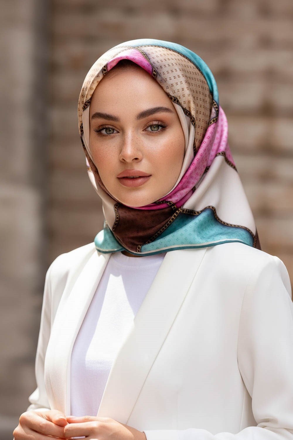 %100 Twill İpek Eşarp 90x90 Geometrik Kare Desenli El Dikişli Kadın Eşarp