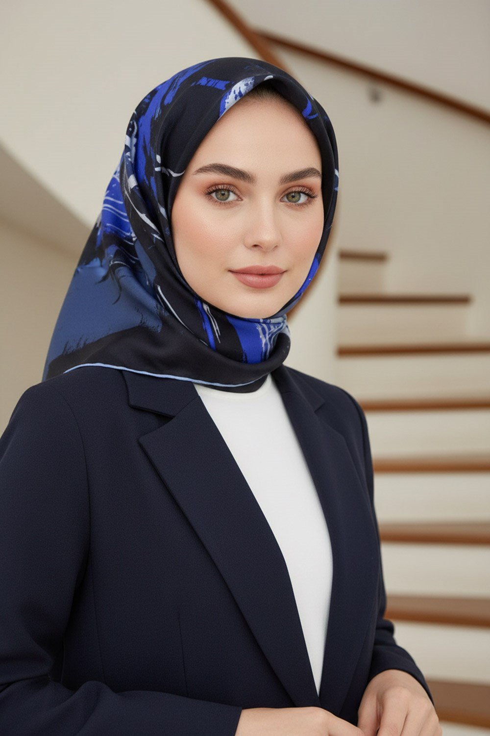 %57 İPEK %43 VİSKON Twill İpek Geometrik Desenli Lacivert - Bebe Mavisi Renkli 90x90 Eşarp Dikim Şekli : El Dikişi