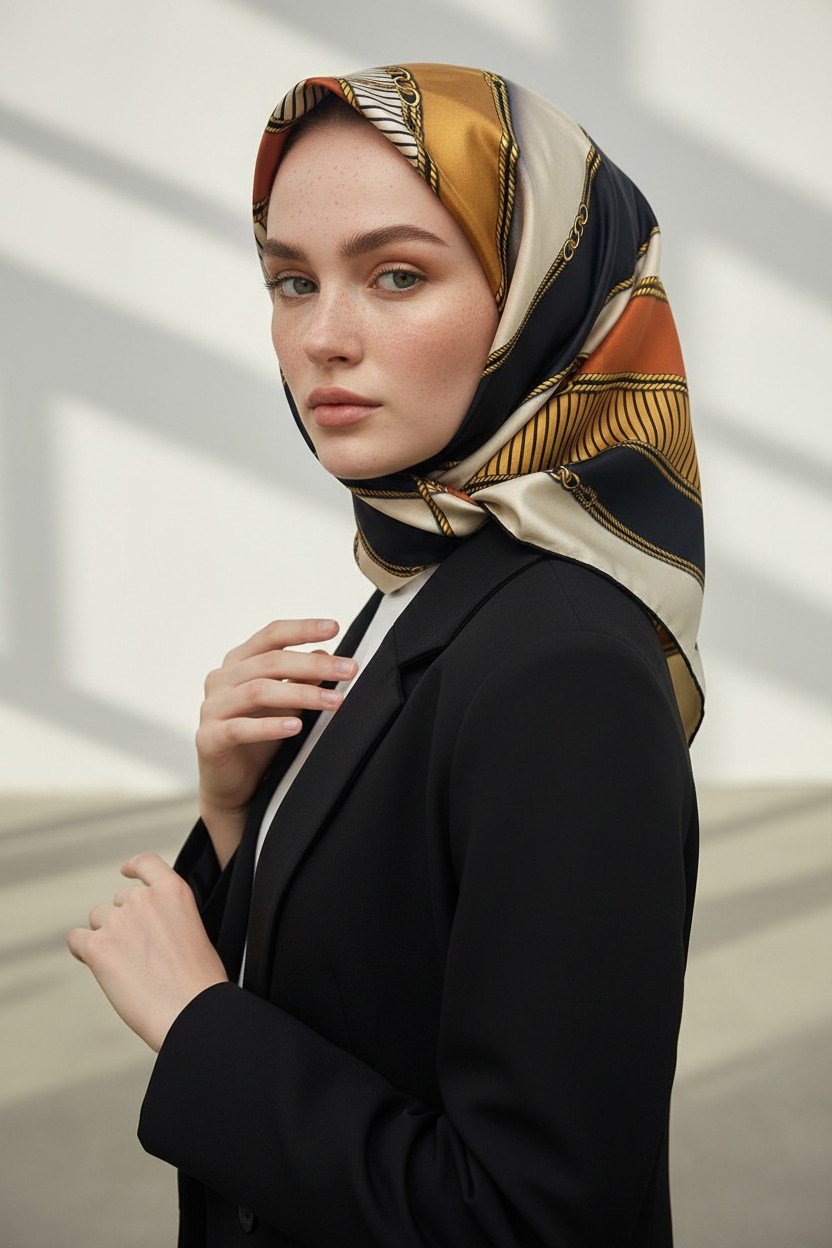 %100 Twill İpek Zincir Detaylı Geometrik Desenli Taba - Vizon Renkli 90x90 Eşarp Dikim Şekli : El Dikişi