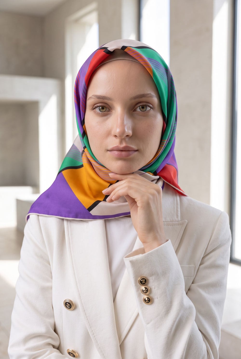 %100 Twill İpek Geometrik Desenli Mor - Kırmızı Renkli 90x90 Eşarp Dikim Şekli : El Dikişi
